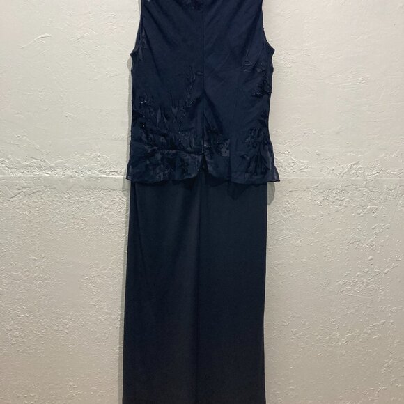 Alex Evenings Maxi Dress Gown Cocktail Holiday Burnout Sheer Floral Silk Navy - Picture 8 of 13